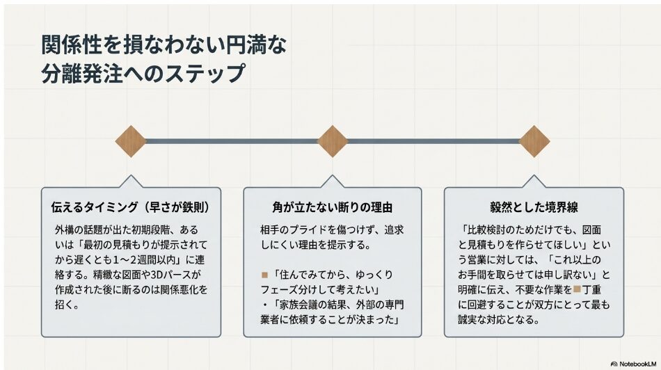ハウスメーカーの提携業者を円満に断るための適切なタイミングと角が立たない理由の提示方法を示す図解