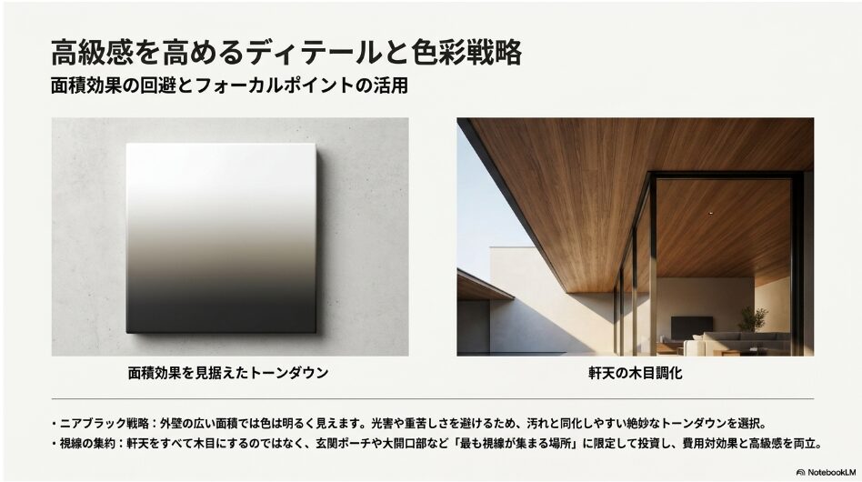 外壁グラデーションと木目調軒天の画像。ニアブラック戦略とフォーカルポイントの活用を解説したスライド