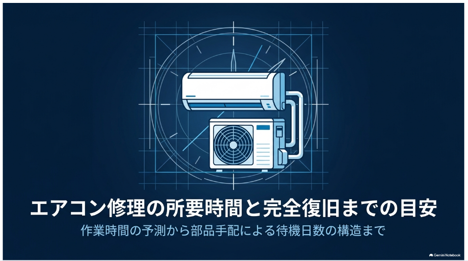 エアコン修理の作業時間と部品手配を含む完全復旧までの目安を示すタイトルスライド