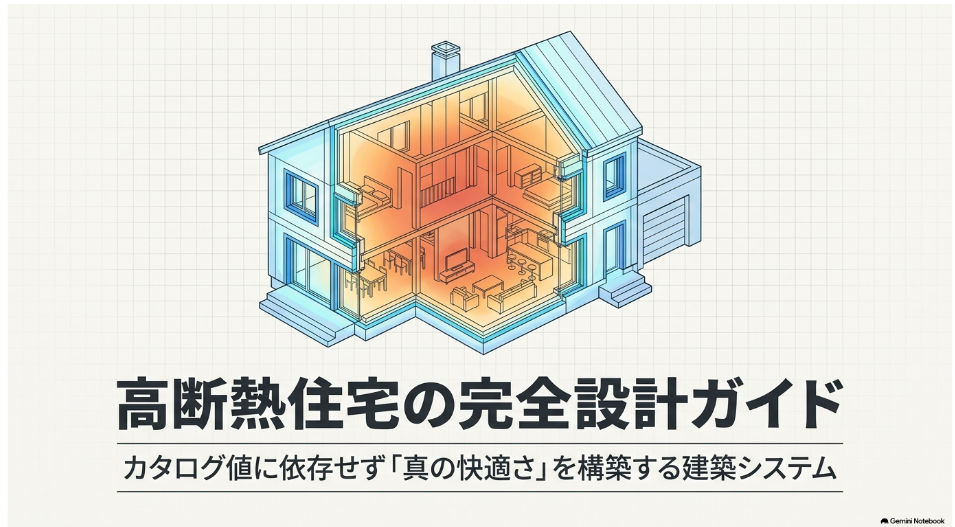 高断熱住宅の断面図と、カタログ値だけに依存しない高断熱住宅の設計を示すイメージ