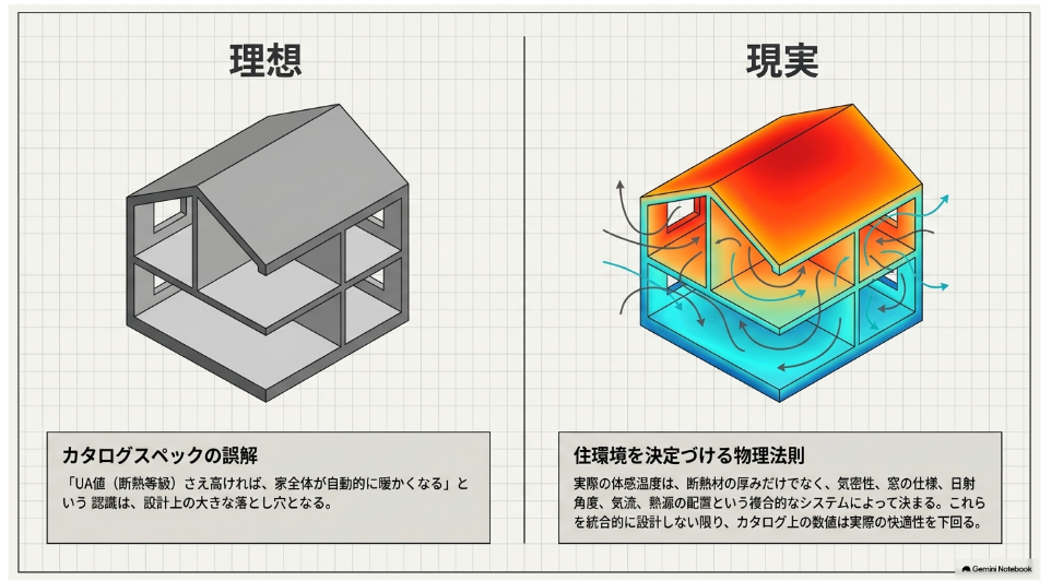 UA値だけでなく気密性・窓・日射・気流・熱源が住宅の快適性を左右することを示す理想と現実の比較図