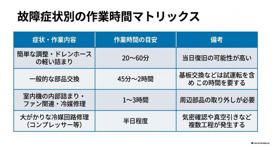 簡単な調整から冷媒回路修理まで故障内容別の作業時間目安をまとめた表