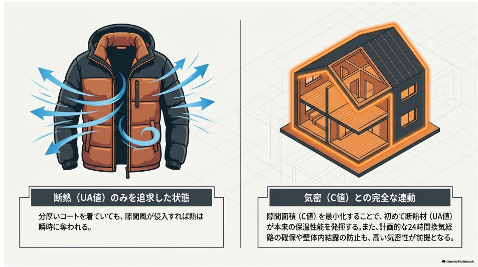 断熱性能のUA値と気密性能のC値をコートと住宅で対比し、両方を組み合わせる重要性を示す図
