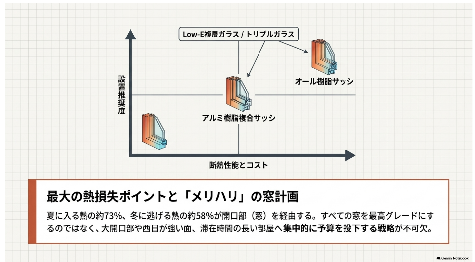 アルミ樹脂複合サッシやオール樹脂サッシ、Low-E複層ガラスなどの性能とコストを比較した窓計画の図