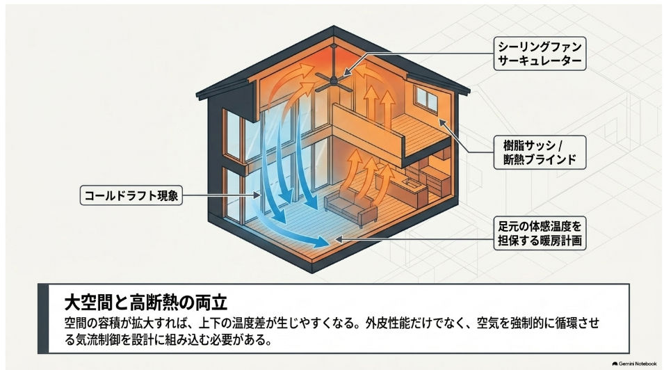 吹き抜けで暖気が上昇し冷気が下降する様子と、シーリングファンや窓、暖房計画による温度ムラ対策を示す図