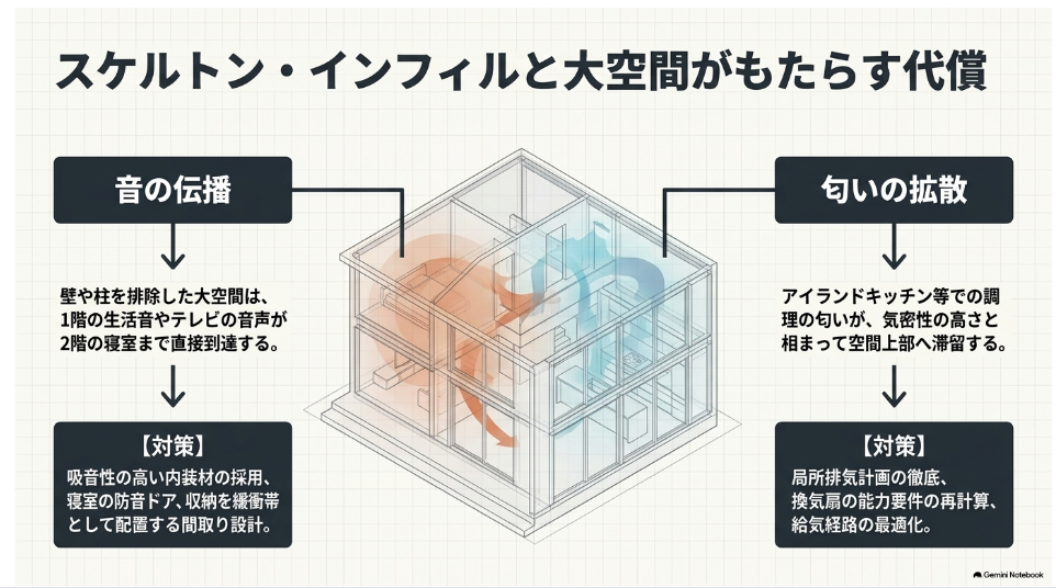 吹き抜けや大空間で生活音と料理の匂いが広がる仕組みと、吸音・防音・局所排気による対策を示す図