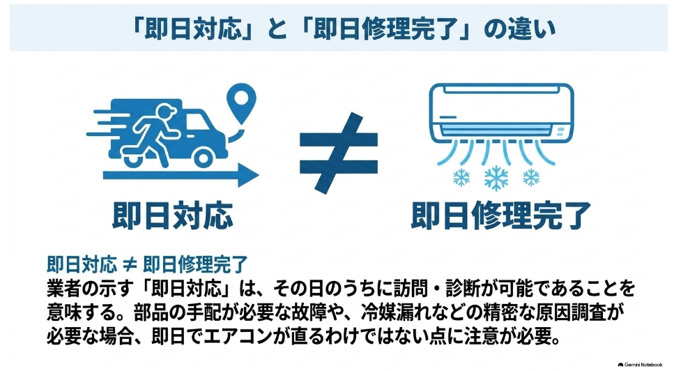 即日対応は当日の訪問や診断を意味し即日修理完了とは限らないことを示す比較図