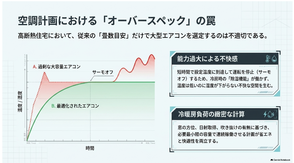 高断熱住宅でエアコン能力が過大な場合のサーモオフと除湿不足を、適正容量のエアコンと比較した図