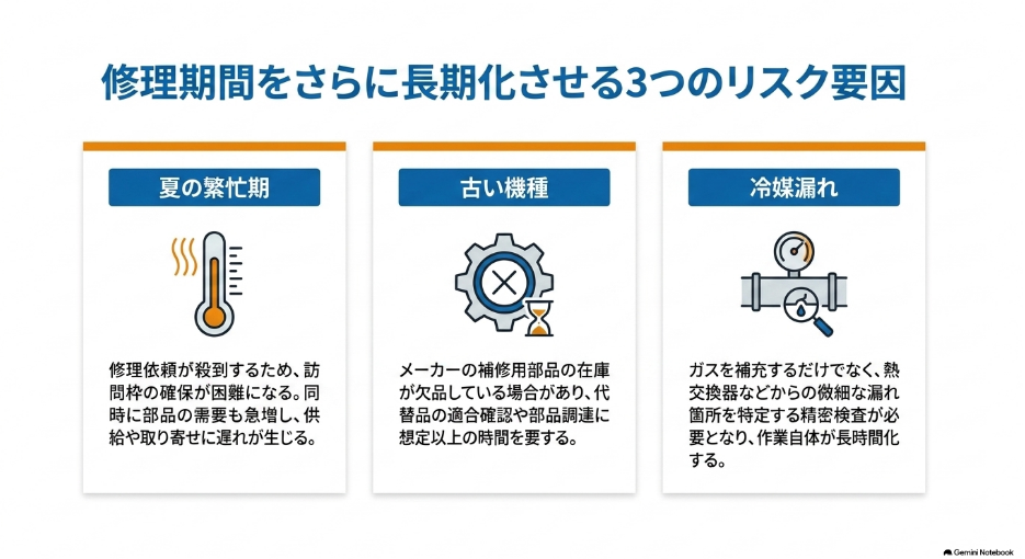 夏の繁忙期、古い機種、冷媒漏れがエアコン修理期間を長引かせる要因を示した図