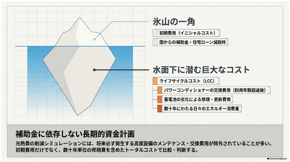 住宅の初期費用や補助金だけでなく、設備交換・修理・長期のエネルギー費用を含むライフサイクルコストを氷山で示した図
