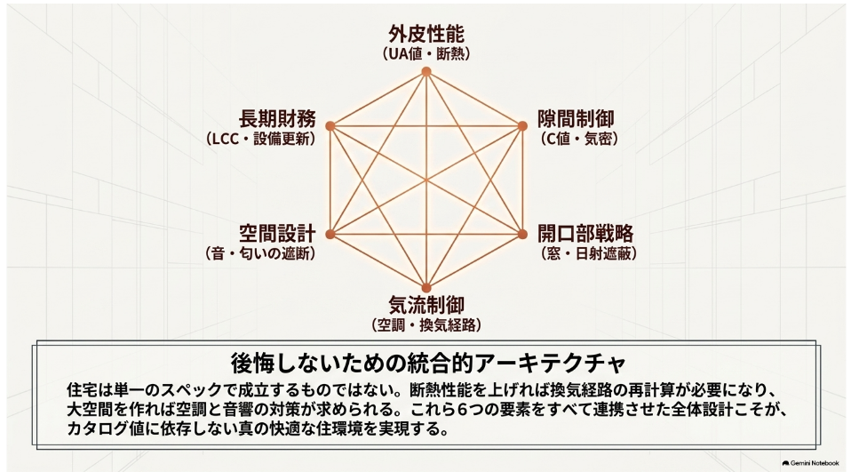 外皮性能・気密・窓・気流・空間設計・長期費用の6要素を連携させる住宅の統合設計を示す図