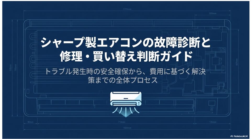 シャープ製エアコンの故障診断、安全確認、修理費用、買い替え判断までの流れを示した表紙スライド