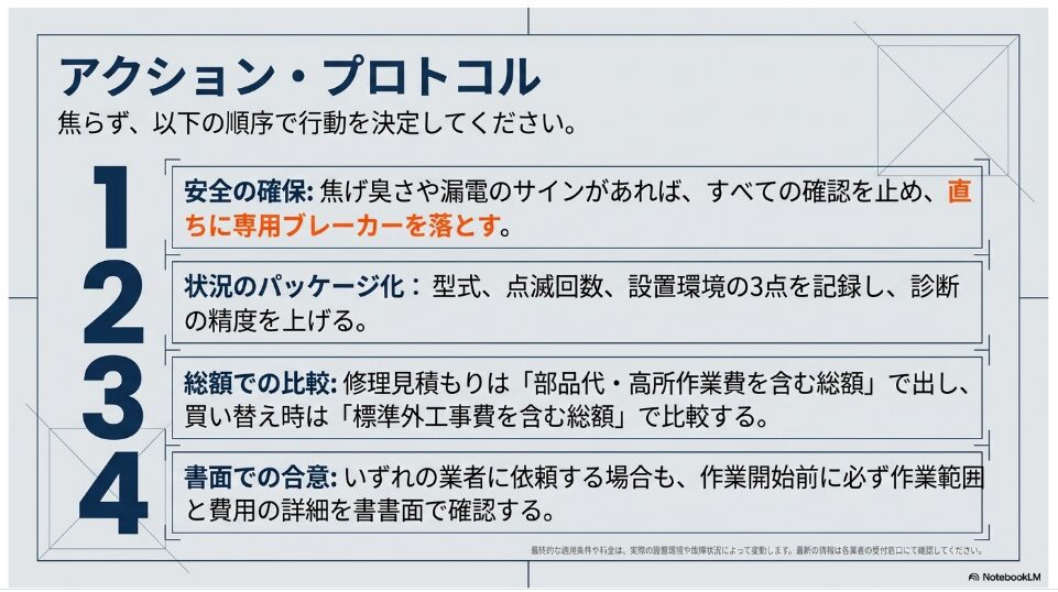 安全確保、型式や症状の記録、修理と買い替えの総額比較、作業前の書面確認という4つの行動手順