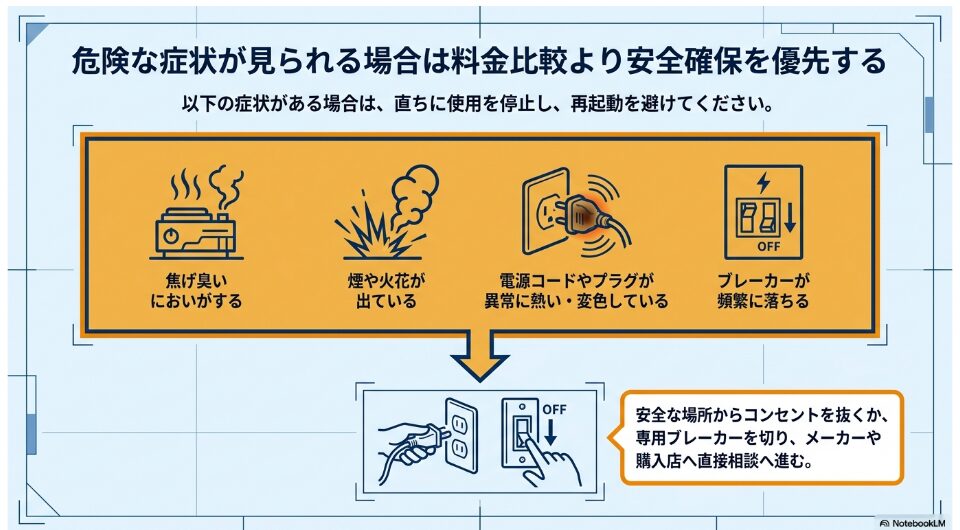 焦げ臭い、煙や火花、電源コードの異常発熱、ブレーカーの繰り返し作動がある場合は、使用を停止して電源を切り相談する流れ