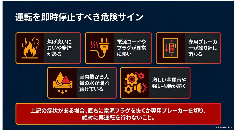 焦げ臭い、発煙、プラグの異常発熱、水漏れ、金属音など再運転してはいけない危険症状の一覧