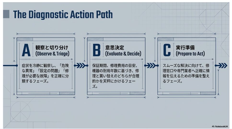 症状の観察と切り分け、修理か買い替えの意思決定、修理依頼の準備へ進む3段階の流れ