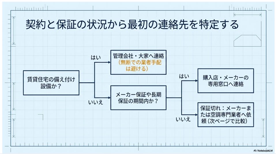 賃貸住宅の備え付け設備か、メーカー保証や長期保証の期間内かを確認し、管理会社、購入店、メーカー、空調専門業者へ連絡先を分けるフローチャート