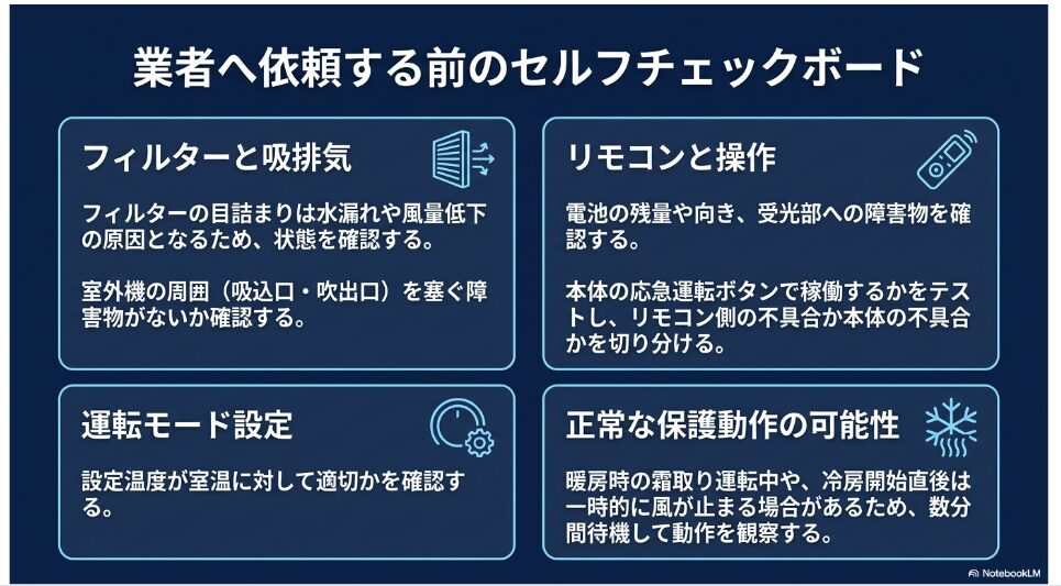 フィルター、吸排気、リモコン、運転モード、保護動作を確認するセルフチェック項目