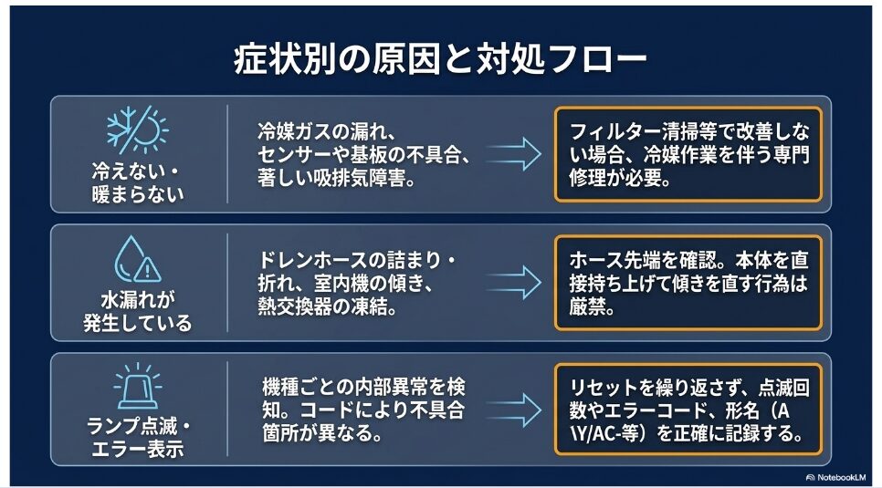 冷えない・暖まらない、水漏れ、ランプ点滅やエラー表示ごとの原因と対処の流れ
