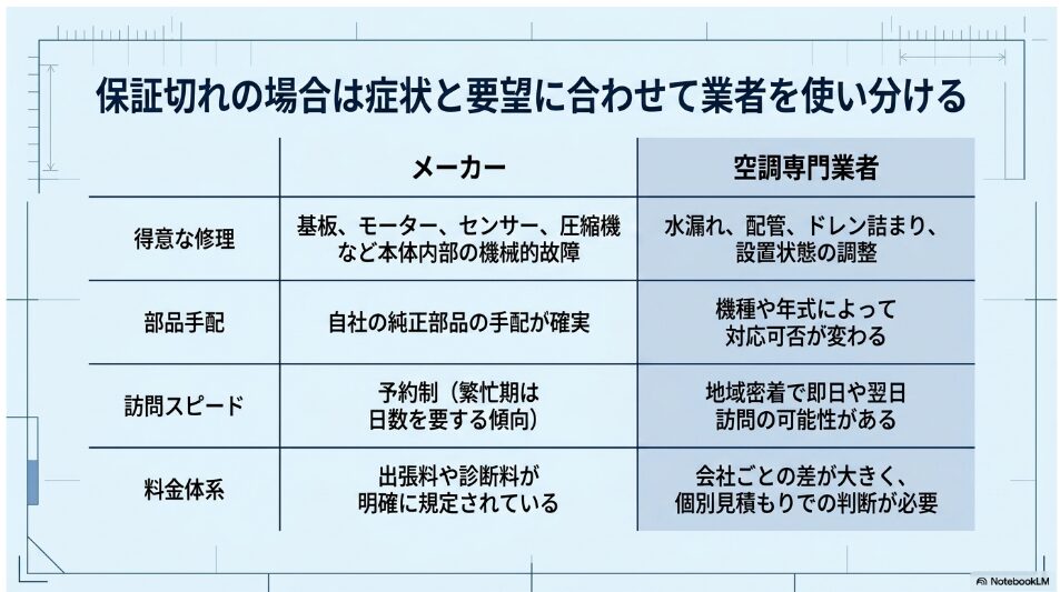 メーカーと空調専門業者について、得意な修理、部品手配、訪問スピード、料金体系の違いを比較した表