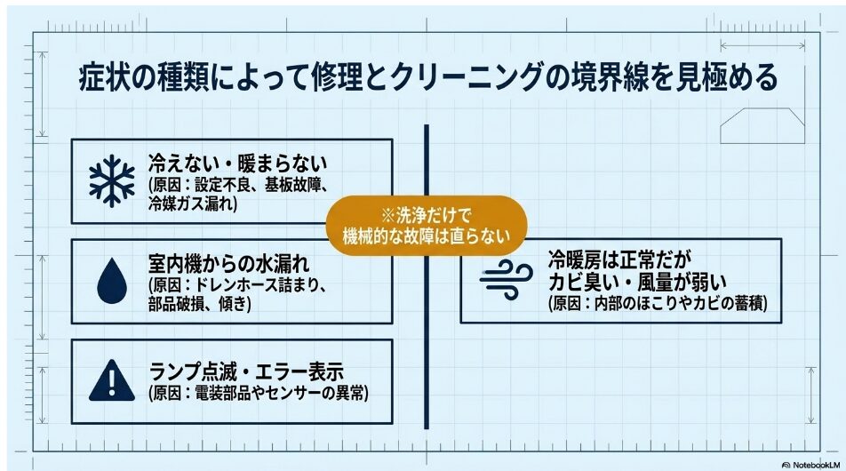 冷えない、水漏れ、ランプ点滅など修理が必要な症状と、冷暖房は正常だがカビ臭い、風量が弱いなどクリーニングが候補になる症状の違い