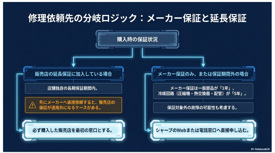 延長保証がある場合は購入店、メーカー保証のみや期間外はシャープへ相談する流れ