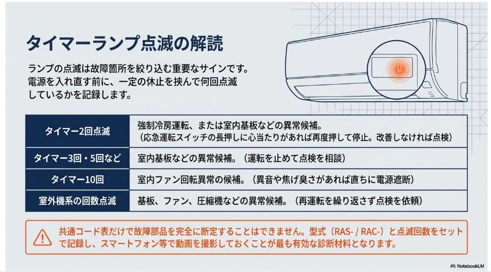日立エアコンのタイマーランプ2回、3回、5回、10回などの点滅ごとの異常候補と対応の目安