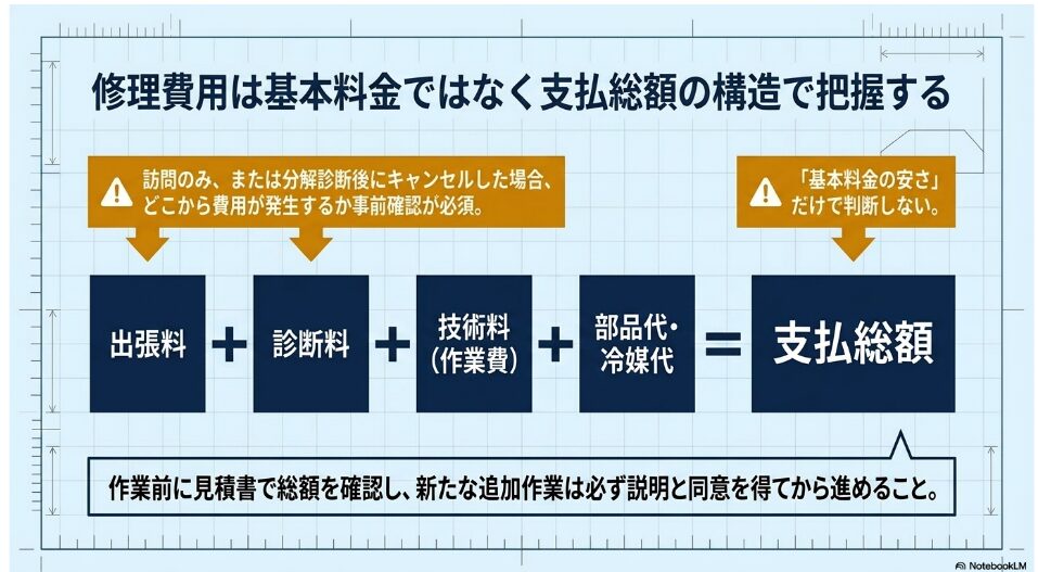 エアコン修理の支払総額は、出張料、診断料、技術料、部品代、冷媒代の合計で決まり、基本料金だけでは判断できないことを示した図