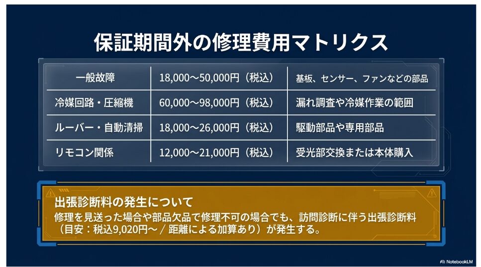 一般故障、冷媒回路、ルーバー、自動清掃、リモコン関係の修理費用と出張診断料の目安