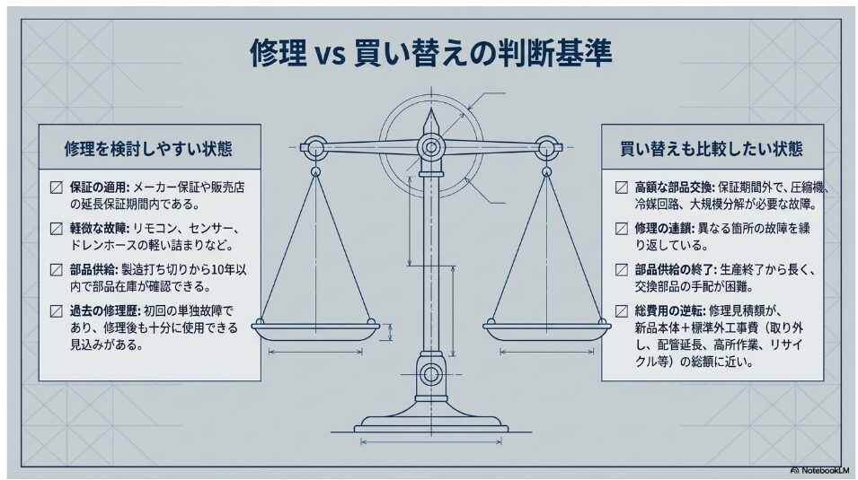 保証、故障内容、部品供給、修理歴、総費用からエアコンの修理と買い替えを比較する判断基準