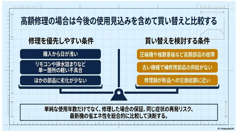 購入から日が浅い軽い不具合は修理を優先し、高額部品の故障、部品供給終了、修理額が新品交換費に近い場合は買い替えを検討する比較図