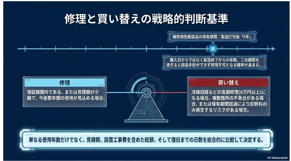 保証期間、見積額、部品保有期間、高額修理の有無から修理か買い替えを判断する基準