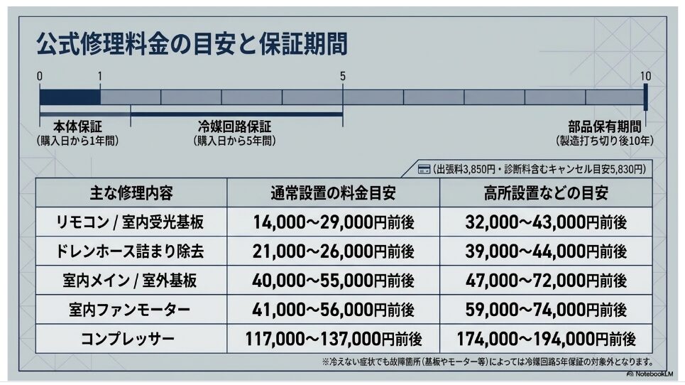 日立エアコンの本体保証1年、冷媒回路保証5年、部品保有期間10年と主な修理料金の目安
