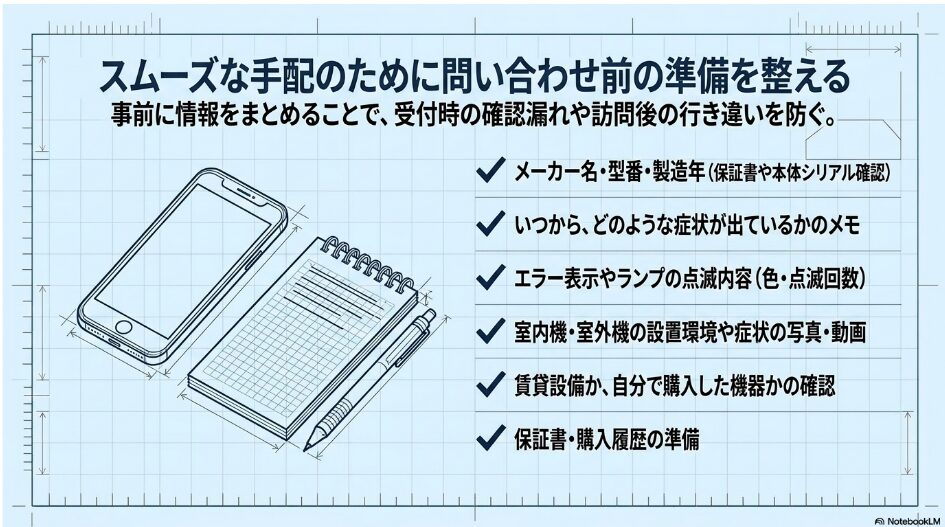 メーカー名、型番、製造年、症状、エラー表示、設置場所の写真、賃貸設備かどうか、保証書や購入履歴など、エアコン修理の問い合わせ前に準備する情報