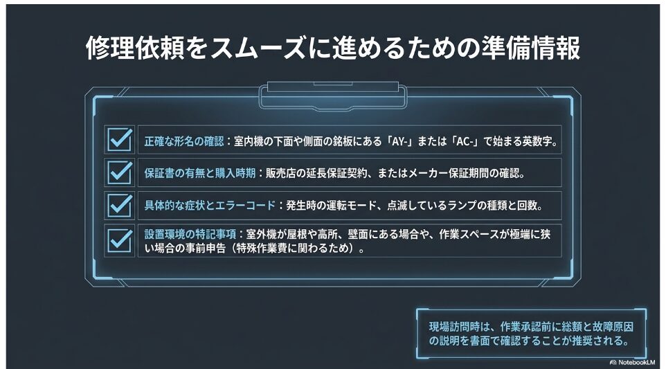形名、保証書、購入時期、症状、エラーコード、設置環境など修理依頼前に準備する情報
