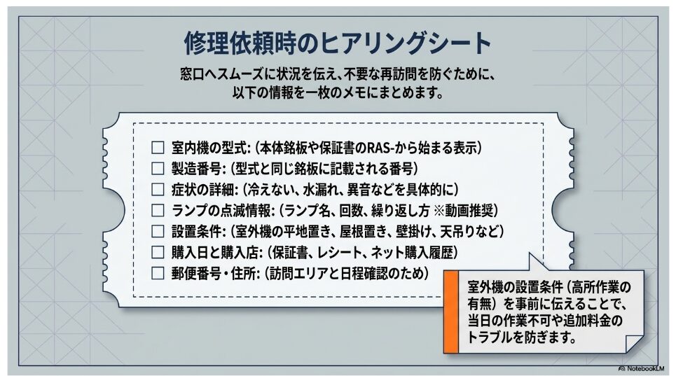 型式、製造番号、症状、ランプ点滅、設置条件、購入日、住所など修理窓口へ伝える情報の一覧