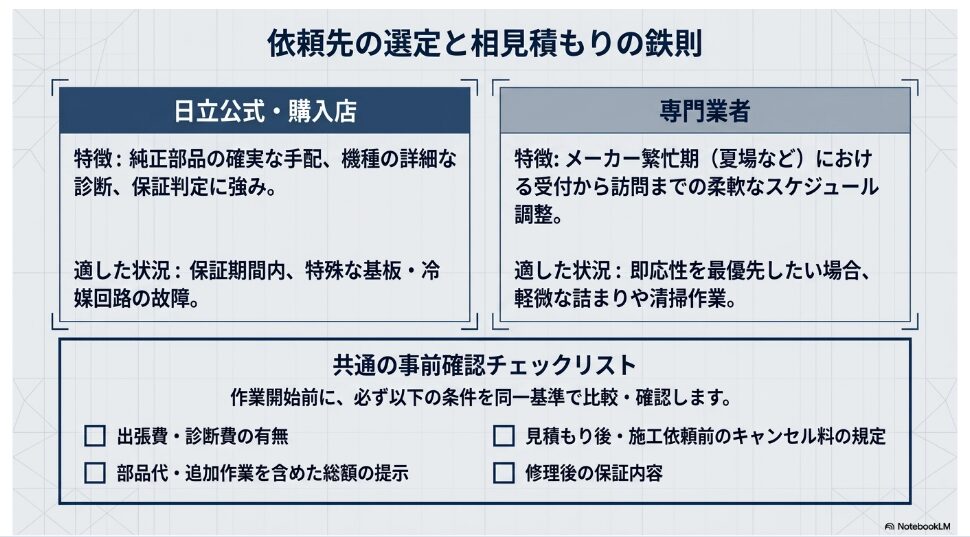 日立公式や購入店と専門業者の特徴、向いている状況、相見積もりで確認する費用や保証条件