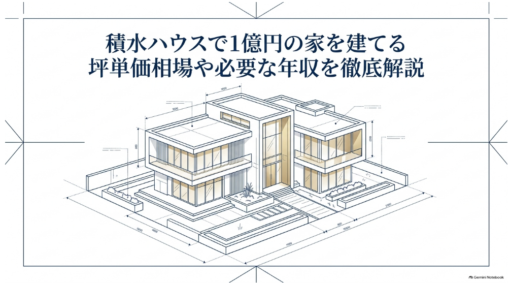 積水ハウスで1億円の家を建てる坪単価相場と必要な年収を示す住宅設計イラスト