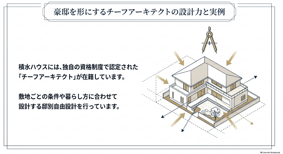 チーフアーキテクトと邸別自由設計を表す住宅設計イラスト