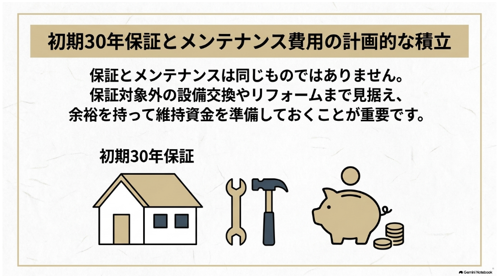 初期30年保証とメンテナンス費用への備えを表す住宅と工具と貯金箱