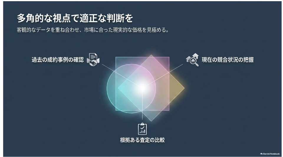 公的成約情報・周辺売出価格・土地建物条件・複数社査定を重ねて相場を判断する流れ